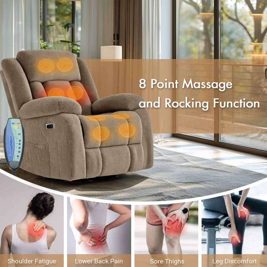 Electric Massage Recliner Chair Flannel 8-Point Chair Heat Reclining Rotate Rocking Armchair Brown