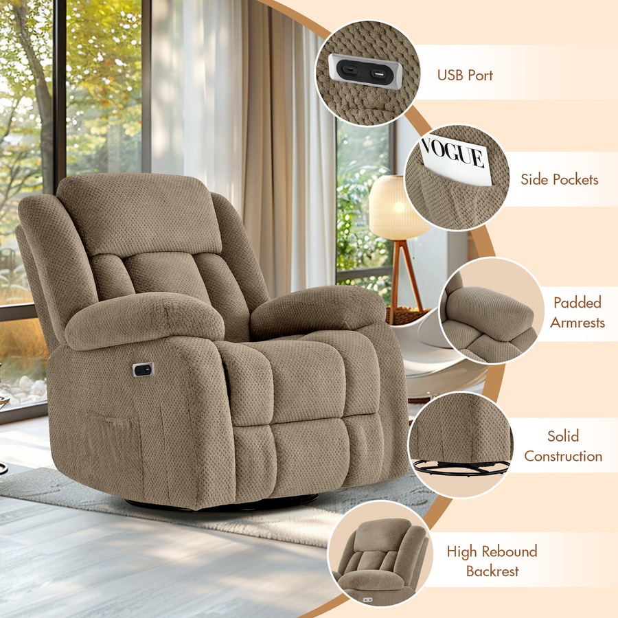 Electric Massage Recliner Chair Flannel 8-Point Chair Heat Reclining Rotate Rocking Armchair Brown