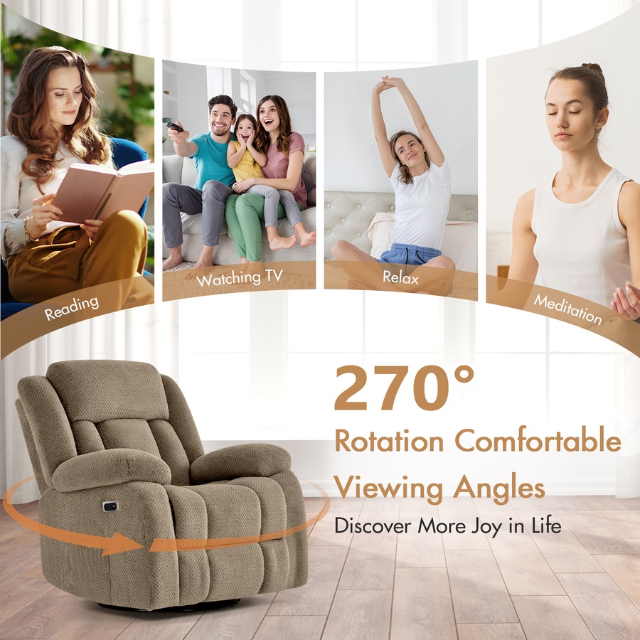 Electric Massage Recliner Chair Flannel 8-Point Chair Heat Reclining Rotate Rocking Armchair Brown