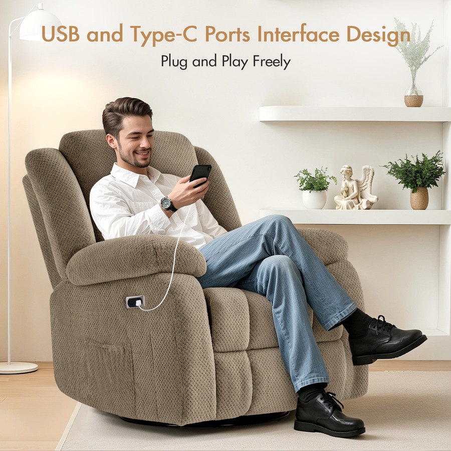 Electric Massage Recliner Chair Flannel 8-Point Chair Heat Reclining Rotate Rocking Armchair Brown