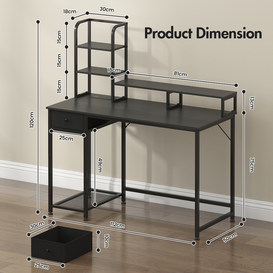 Advwin Reversible Computer Desk with Storage Shelves & Drawer Gaming Desk with LED Lights & Power Outlets Home Office Desk with Monitor Stand PC Table with Bookshelf, Black