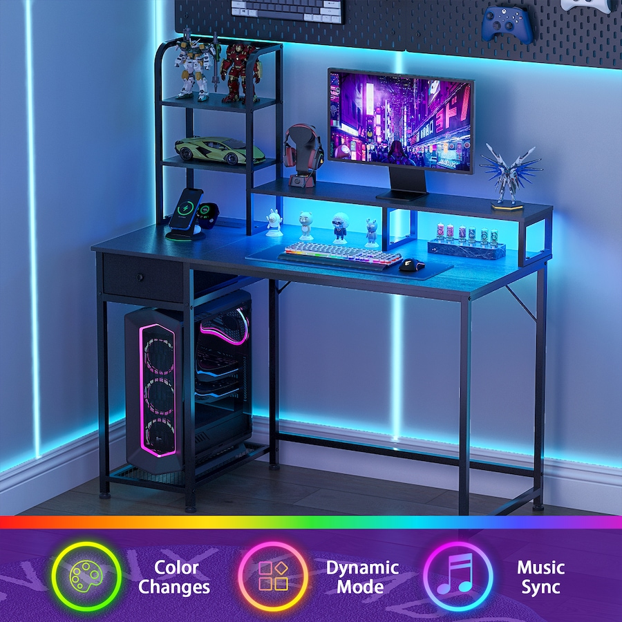 Advwin Reversible Computer Desk with Storage Shelves & Drawer Gaming Desk with LED Lights & Power Outlets Home Office Desk with Monitor Stand PC Table with Bookshelf, Black