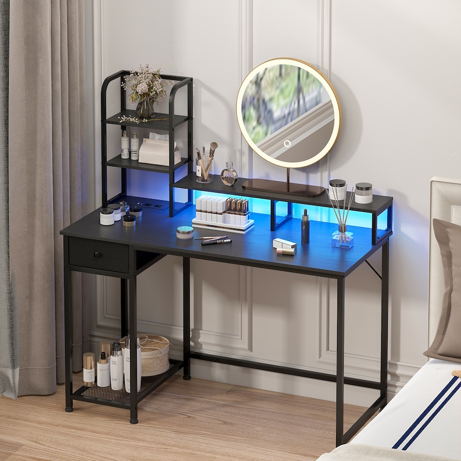 Advwin Reversible Computer Desk with Storage Shelves & Drawer Gaming Desk with LED Lights & Power Outlets Home Office Desk with Monitor Stand PC Table with Bookshelf, Black
