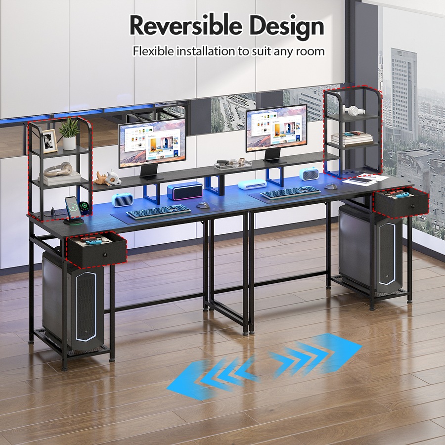 Advwin Reversible Computer Desk with Storage Shelves & Drawer Gaming Desk with LED Lights & Power Outlets Home Office Desk with Monitor Stand PC Table with Bookshelf, Black