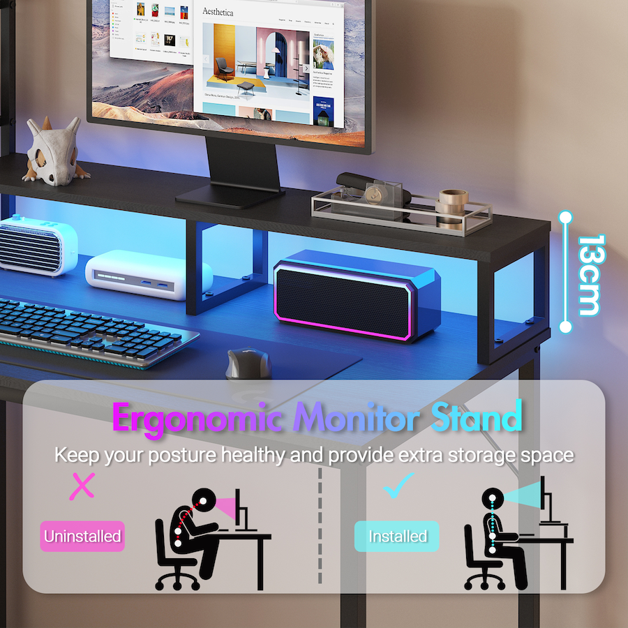Advwin Reversible Computer Desk with Storage Shelves & Drawer Gaming Desk with LED Lights & Power Outlets Home Office Desk with Monitor Stand PC Table with Bookshelf, Black