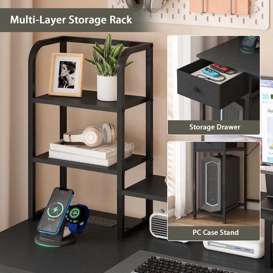 Advwin Reversible Computer Desk with Storage Shelves & Drawer Gaming Desk with LED Lights & Power Outlets Home Office Desk with Monitor Stand PC Table with Bookshelf, Black