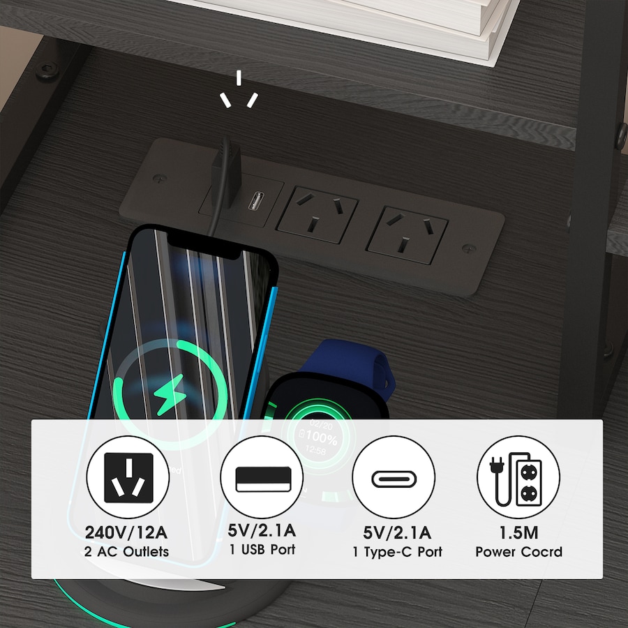 Advwin Reversible Computer Desk with Storage Shelves & Drawer Gaming Desk with LED Lights & Power Outlets Home Office Desk with Monitor Stand PC Table with Bookshelf, Black
