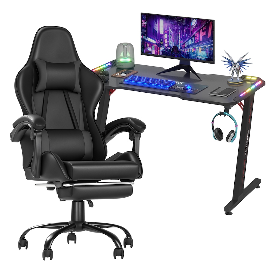 Advwin RGB Gaming Chair Desk Set Office Table Racing Seat(RGB Black Desk + Black Chair)