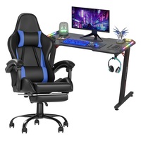 Advwin RGB Gaming Chair Desk Set Office Table Racing Seat w/Footrest(Black Desk+Blue&Black Chair)