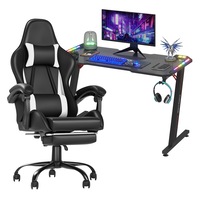 Advwin RGB Gaming Chair Desk Set Office Table Racing Seat w/Footrest(Black Desk+ White & Black Chair)