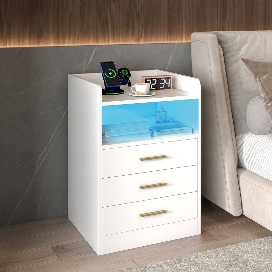 Advwin Set of 2 BedSide Table LED RGB 3 Drawers Nightstand With Charging Station and USB Port White