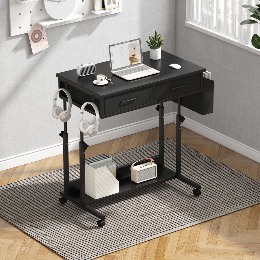 Advwin Small Portable Rolling Standing Desk Adjustable Height Mobile Stand Up Desks with 2 Fabric Drawers & Wheels Laptop Table for Home Office 80 x 48cm Black