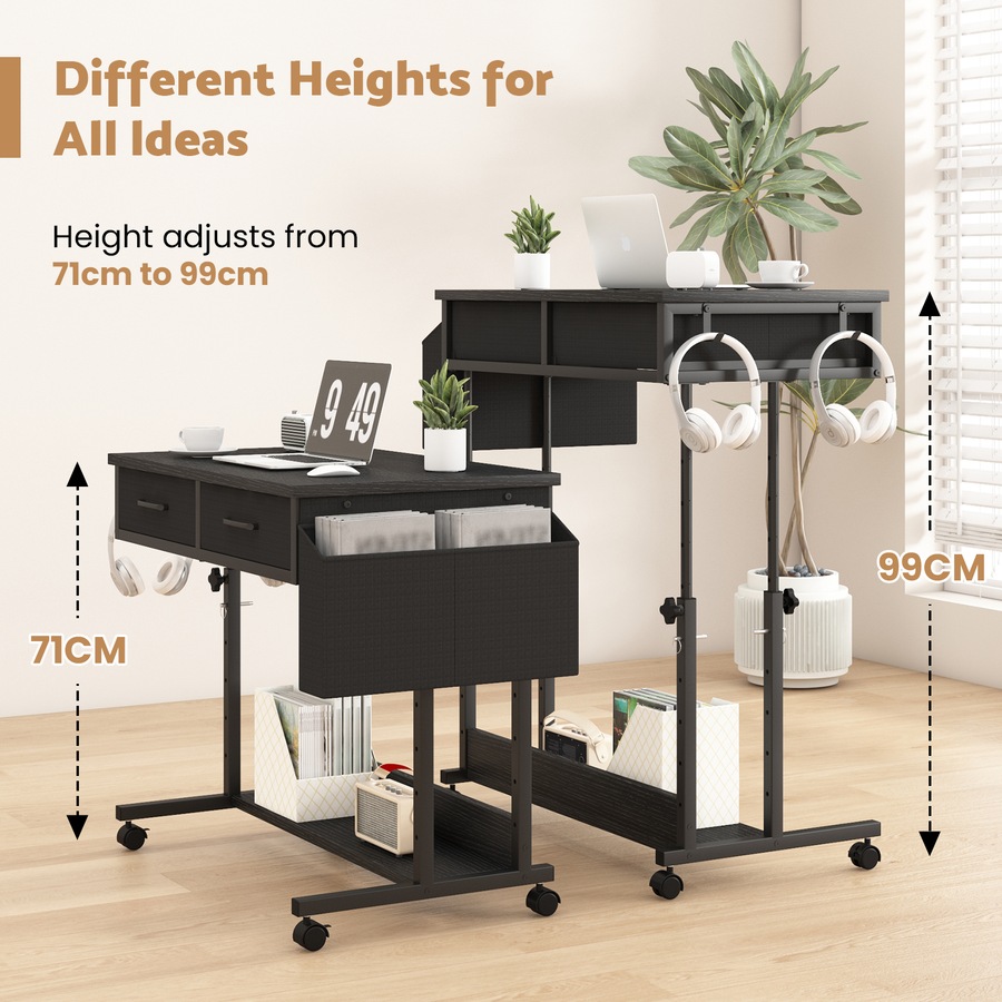 Advwin Small Portable Rolling Standing Desk Adjustable Height Mobile Stand Up Desks with 2 Fabric Drawers & Wheels Laptop Table for Home Office 80 x 48cm Black