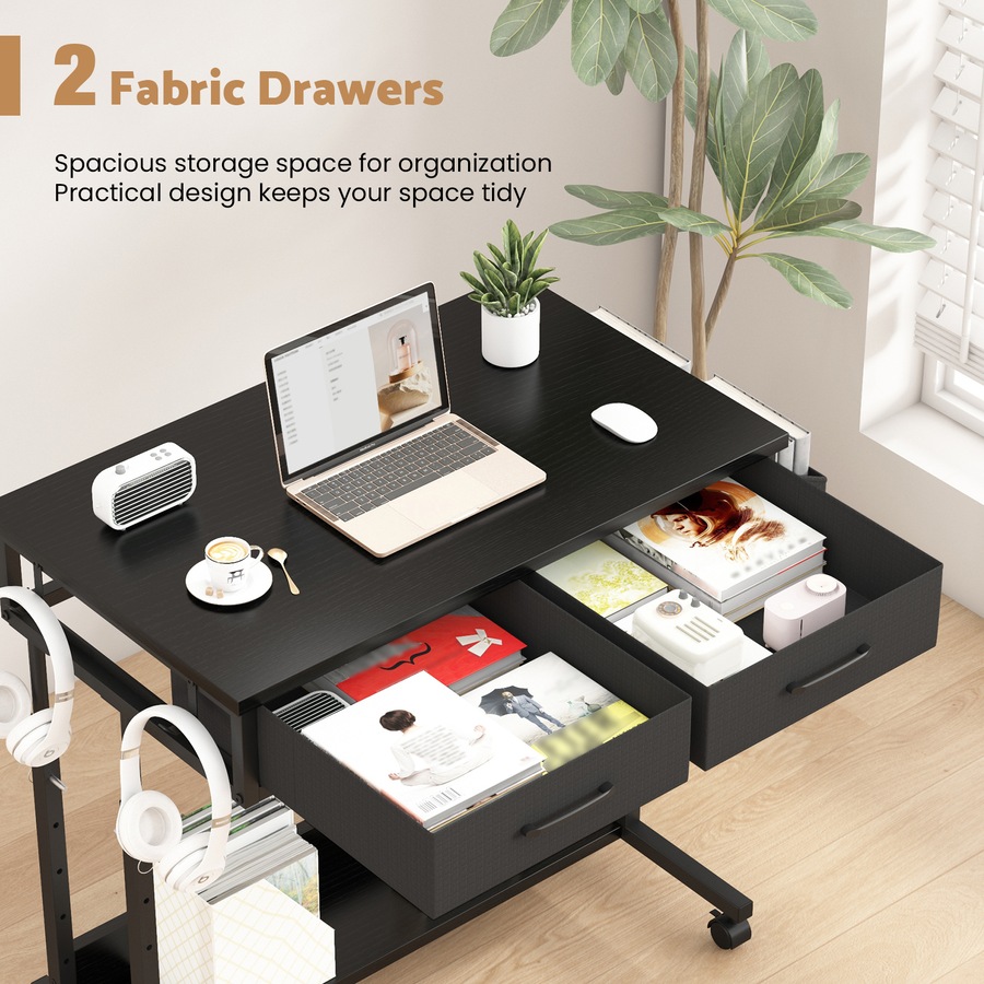 Advwin Small Portable Rolling Standing Desk Adjustable Height Mobile Stand Up Desks with 2 Fabric Drawers & Wheels Laptop Table for Home Office 80 x 48cm Black