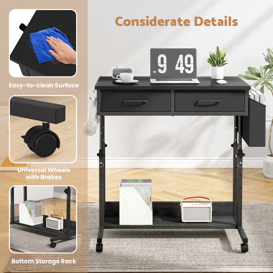 Advwin Small Portable Rolling Standing Desk Adjustable Height Mobile Stand Up Desks with 2 Fabric Drawers & Wheels Laptop Table for Home Office 80 x 48cm Black