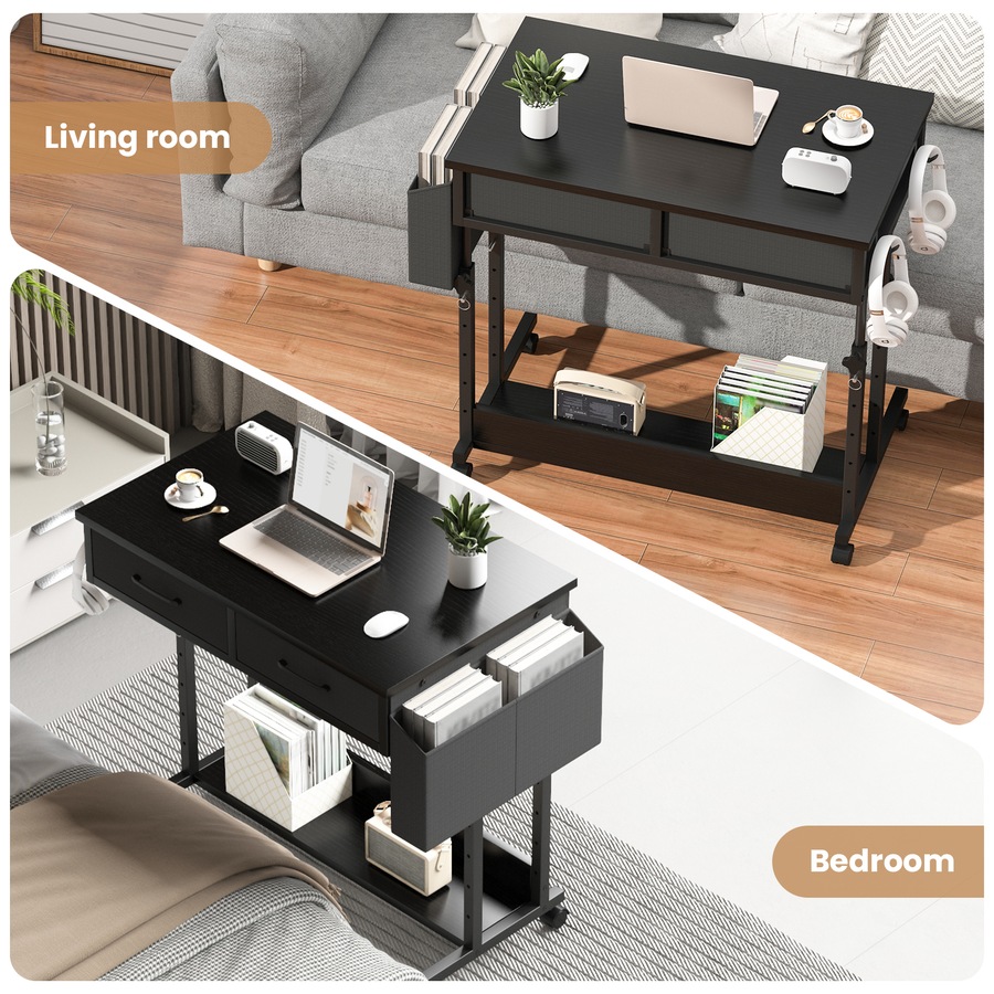 Advwin Small Portable Rolling Standing Desk Adjustable Height Mobile Stand Up Desks with 2 Fabric Drawers & Wheels Laptop Table for Home Office 80 x 48cm Black