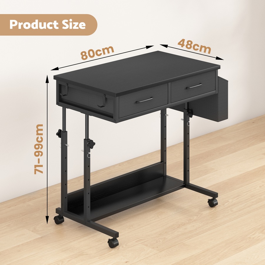Advwin Small Portable Rolling Standing Desk Adjustable Height Mobile Stand Up Desks with 2 Fabric Drawers & Wheels Laptop Table for Home Office 80 x 48cm Black