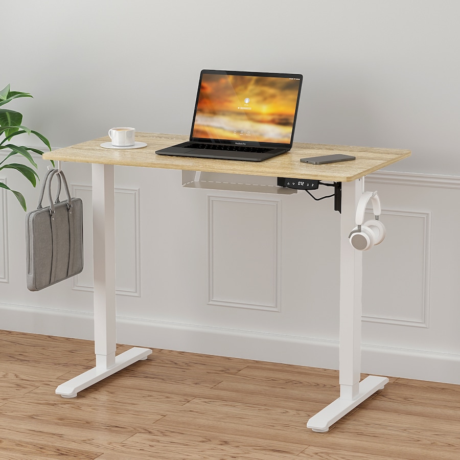 Advwin Electric Standing Desk Height Adjustable Ergonomic Sit Stand Desks 100 x 55 cm Whole Piece Desktop White Frame+Oak Desktop