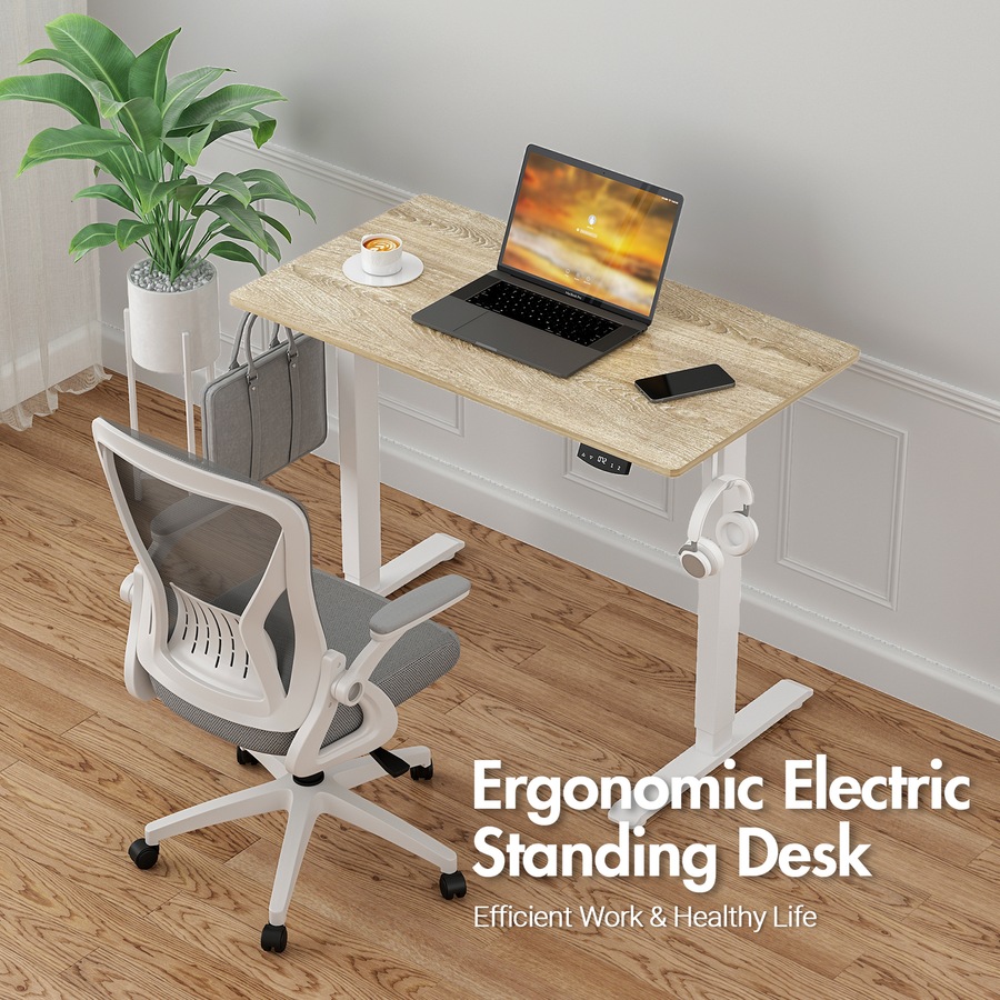 Advwin Electric Standing Desk Height Adjustable Ergonomic Sit Stand Desks 100 x 55 cm Whole Piece Desktop White Frame+Oak Desktop