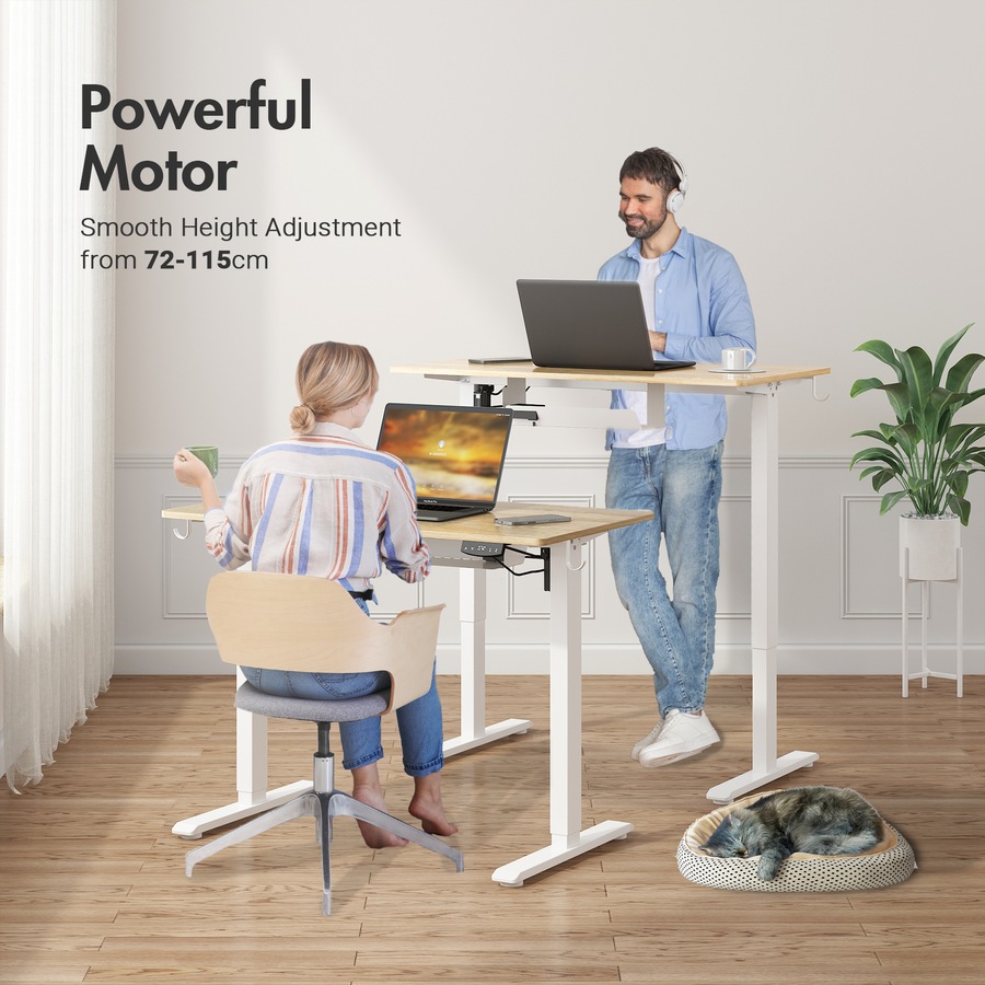 Advwin Electric Standing Desk Height Adjustable Ergonomic Sit Stand Desks 100 x 55 cm Whole Piece Desktop White Frame+Oak Desktop