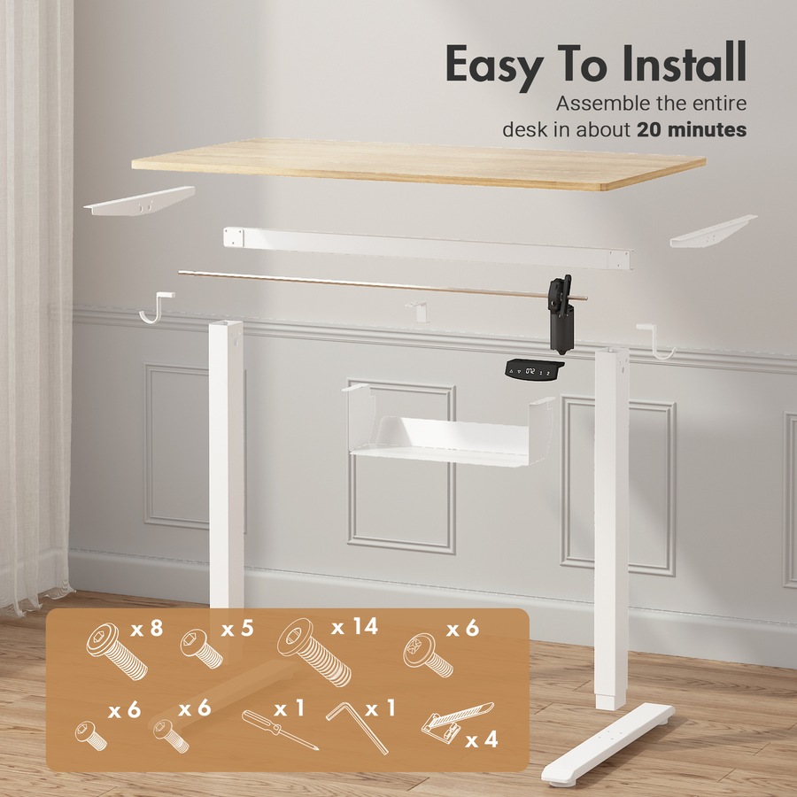 Advwin Electric Standing Desk Height Adjustable Ergonomic Sit Stand Desks 100 x 55 cm Whole Piece Desktop White Frame+Oak Desktop