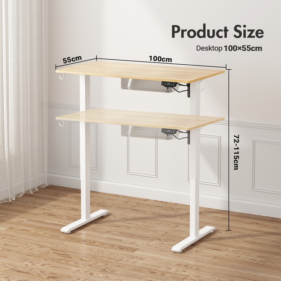 Advwin Electric Standing Desk Height Adjustable Ergonomic Sit Stand Desks 100 x 55 cm Whole Piece Desktop White Frame+Oak Desktop