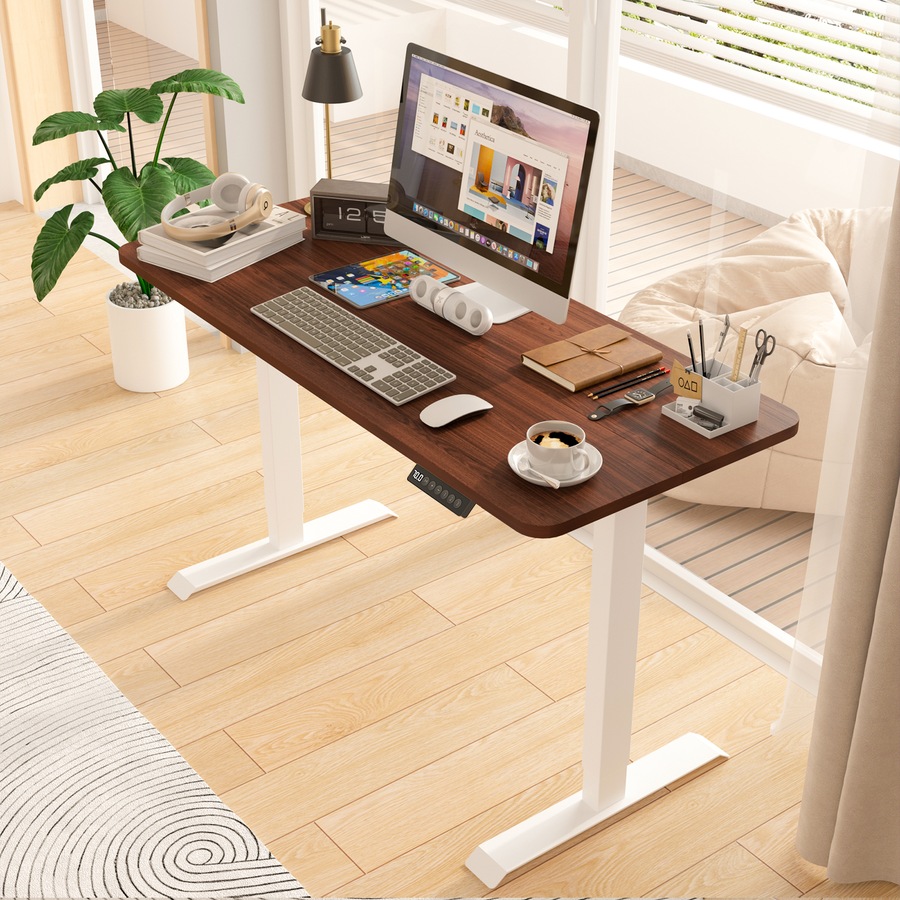 Advwin Standing Desk Electric Ergonomic Adjustable Height Sit Stand up Desk 120cm Walnut Splice Board Table Top+White Frame