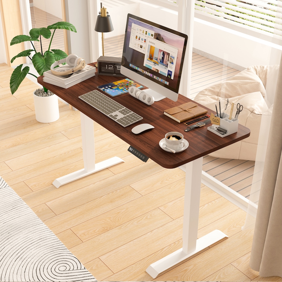 Advwin Standing Desk Electric Ergonomic Adjustable Height Sit Stand up Desk 120cm Walnut Splice Board Table Top+White Frame