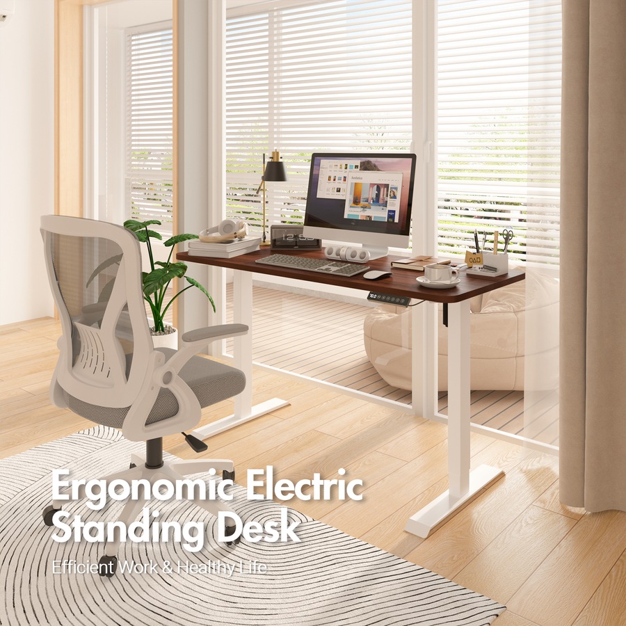 Advwin Standing Desk Electric Ergonomic Adjustable Height Sit Stand up Desk 120cm Walnut Splice Board Table Top+White Frame