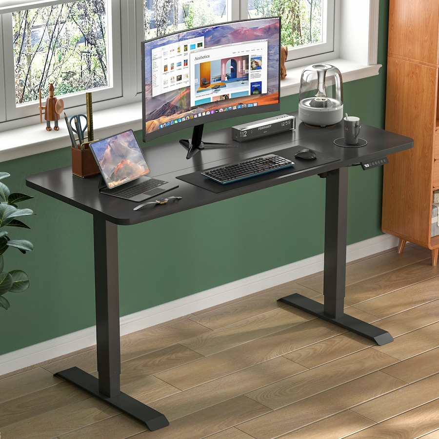 Advwin Standing Desk Electric Ergonomic Adjustable Height Sit Stand up Desk 140cm Black Splice Board Table Top+Black Frame