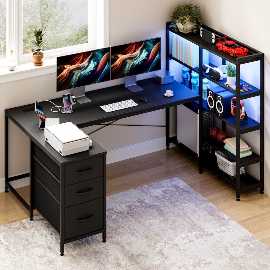 Advwin U Shaped Gaming Desk with LED Lights & Power Outlets Reversible 164cm Corner Computer Desk with 3 Drawers and Bookshelf Black