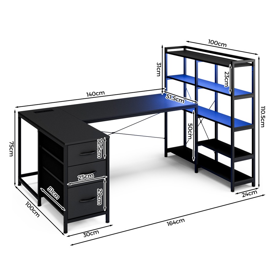 Advwin U Shaped Gaming Desk with LED Lights & Power Outlets Reversible 164cm Corner Computer Desk with 3 Drawers and Bookshelf Black