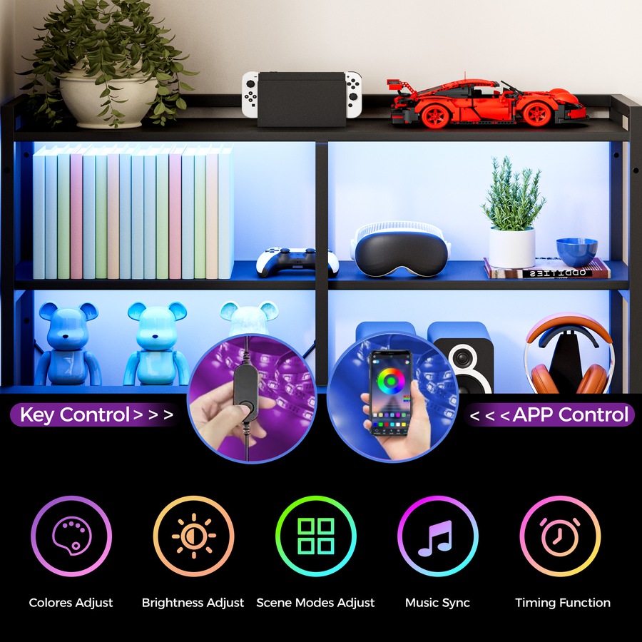 Advwin U Shaped Gaming Desk with LED Lights & Power Outlets Reversible 164cm Corner Computer Desk with 3 Drawers and Bookshelf Black