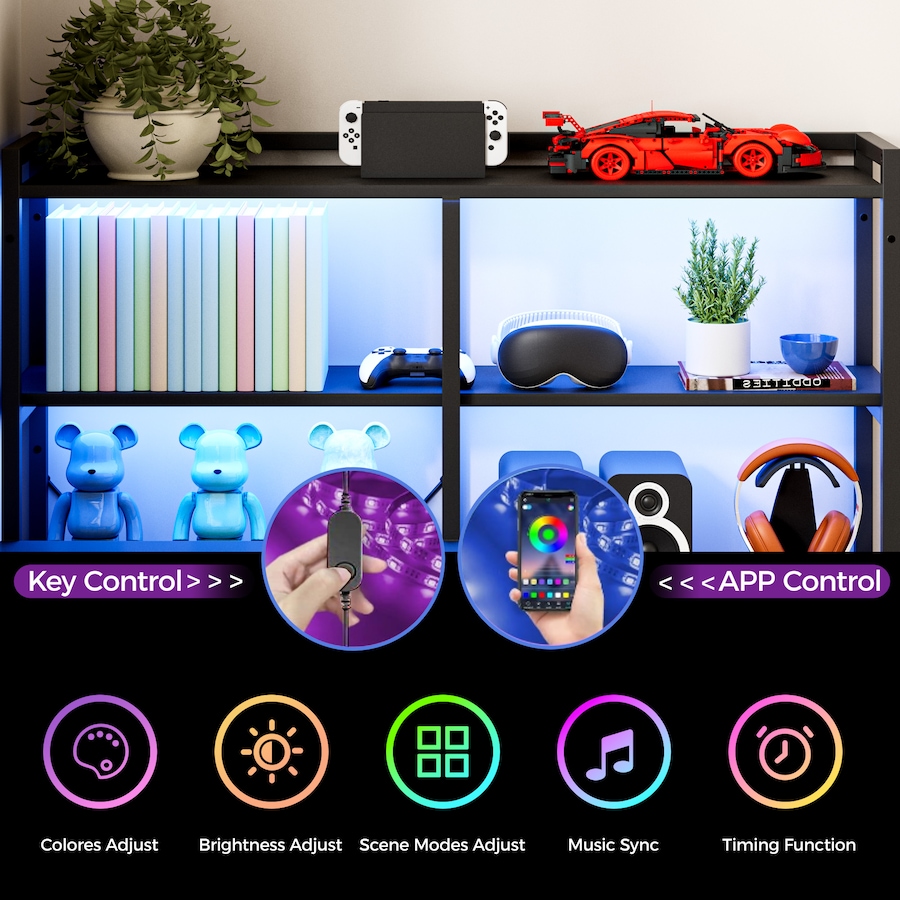 Advwin U Shaped Gaming Desk with LED Lights & Power Outlets Reversible 164cm Corner Computer Desk with 3 Drawers and Bookshelf Black