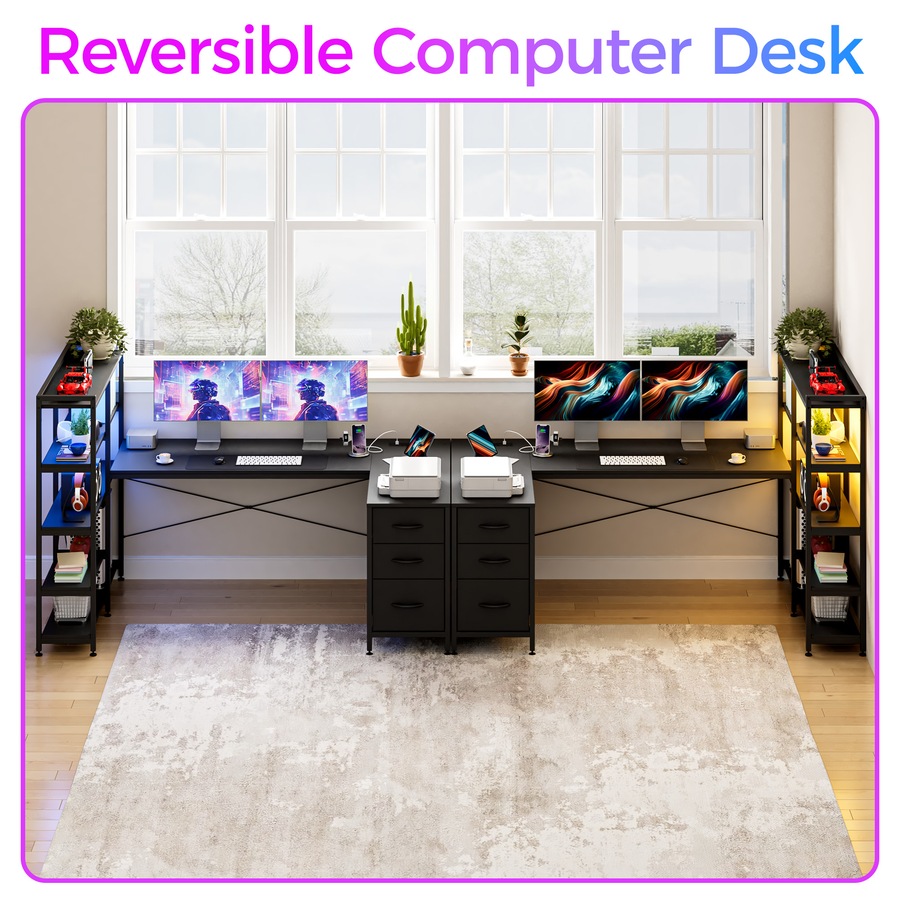 Advwin U Shaped Gaming Desk with LED Lights & Power Outlets Reversible 164cm Corner Computer Desk with 3 Drawers and Bookshelf Black