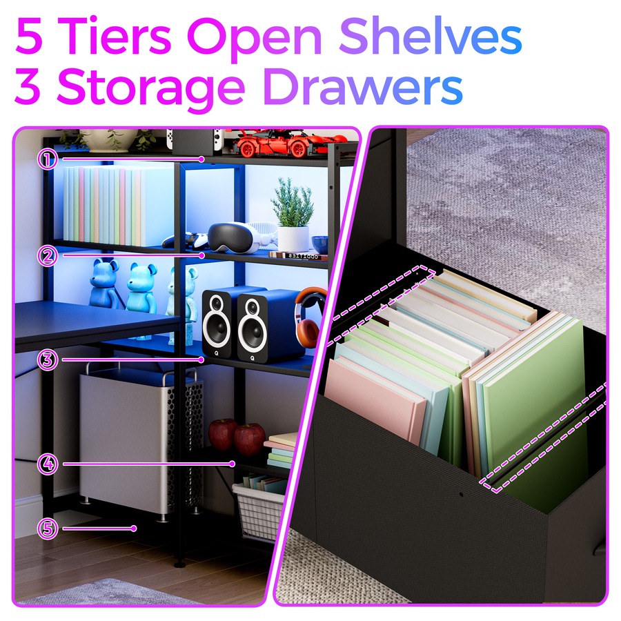 Advwin U Shaped Gaming Desk with LED Lights & Power Outlets Reversible 164cm Corner Computer Desk with 3 Drawers and Bookshelf Black