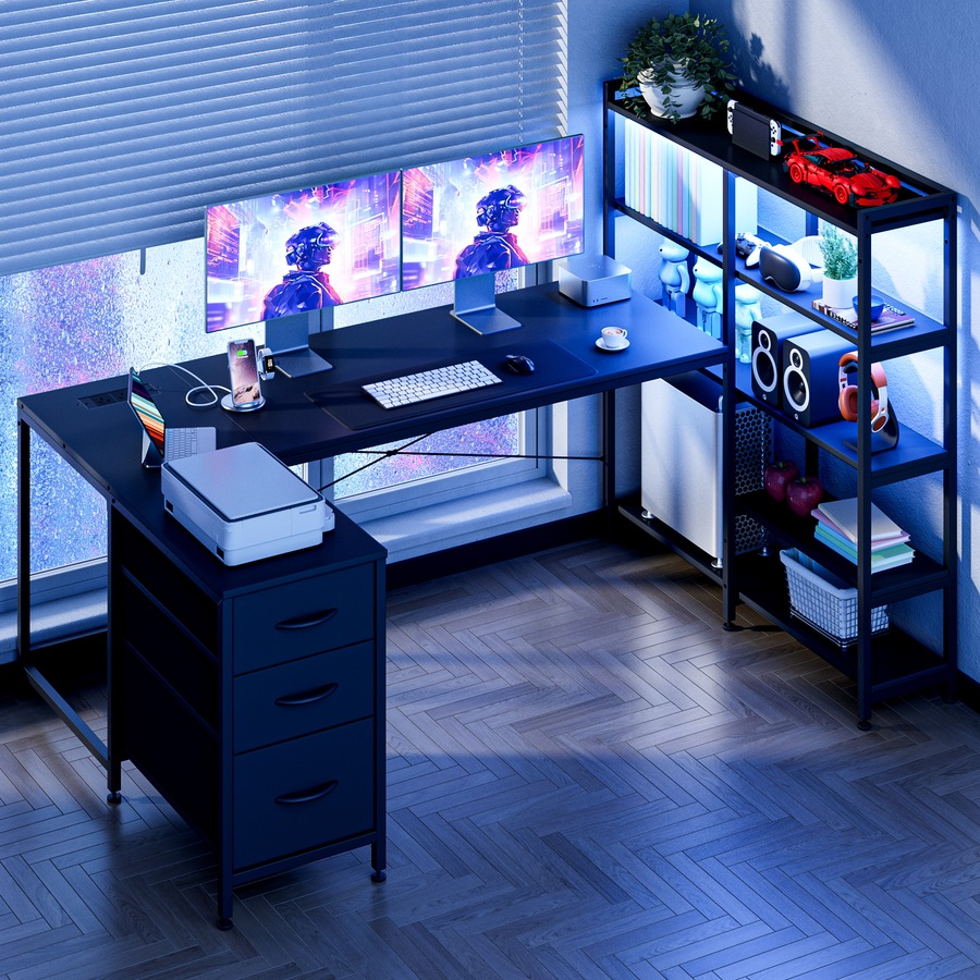 Advwin U Shaped Gaming Desk with LED Lights & Power Outlets Reversible 164cm Corner Computer Desk with 3 Drawers and Bookshelf Black