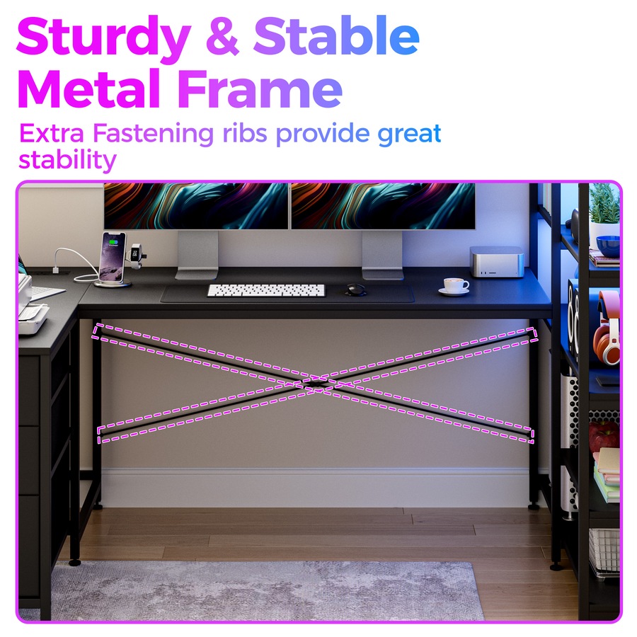 Advwin U Shaped Gaming Desk with LED Lights & Power Outlets Reversible 164cm Corner Computer Desk with 3 Drawers and Bookshelf Black