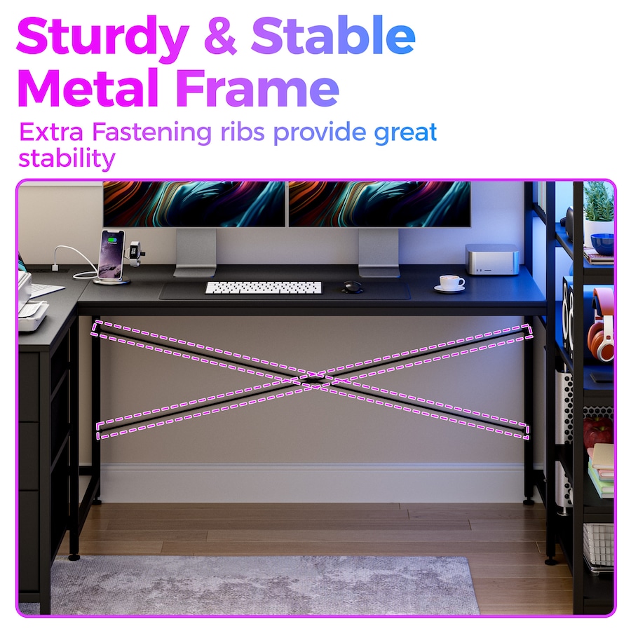Advwin U Shaped Gaming Desk with LED Lights & Power Outlets Reversible 164cm Corner Computer Desk with 3 Drawers and Bookshelf Black