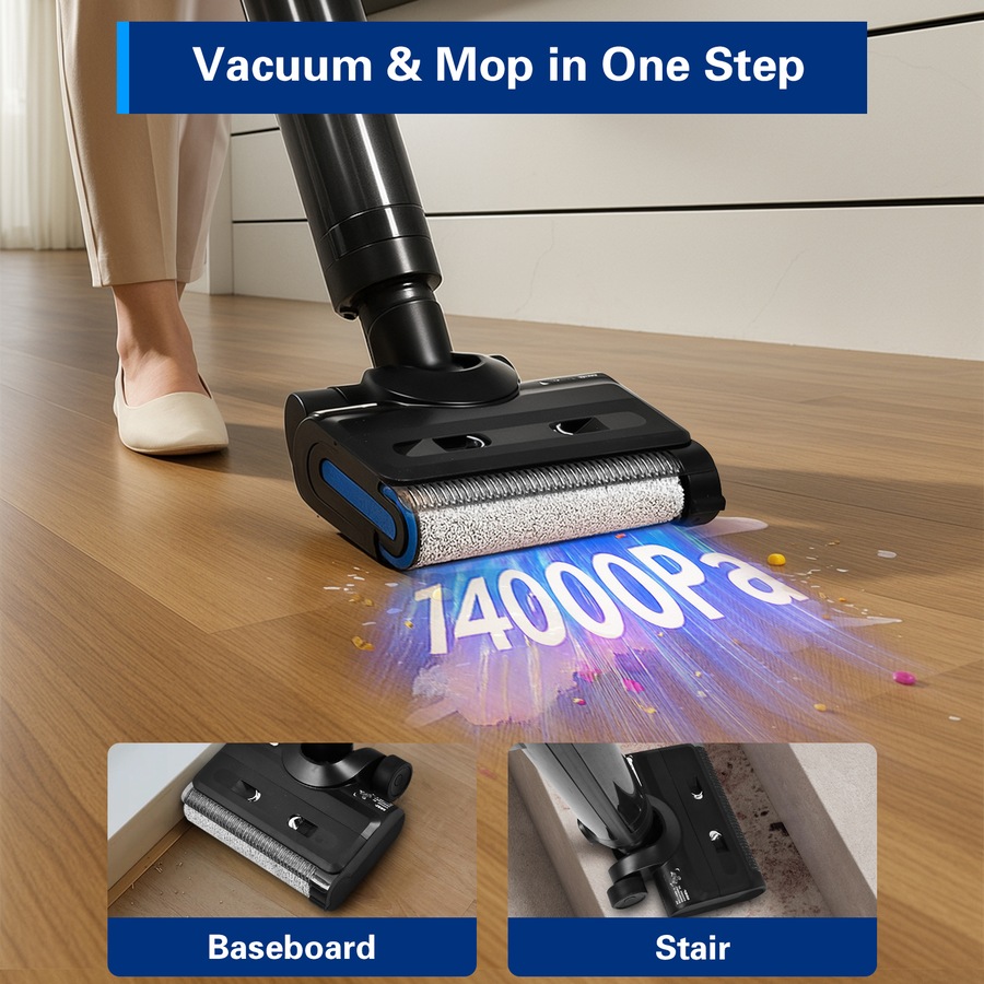 ADVWIN Wet Dry Vacuum Cleaner, 180 Degree Lie-Flat Cordless Smart Vacuum Mop with Hot-Air Drying, Self-Cleaning for Hard Floor Sticky Messes and Pet Hair, Lightweight Handheld Vacuum with 2 Batteries