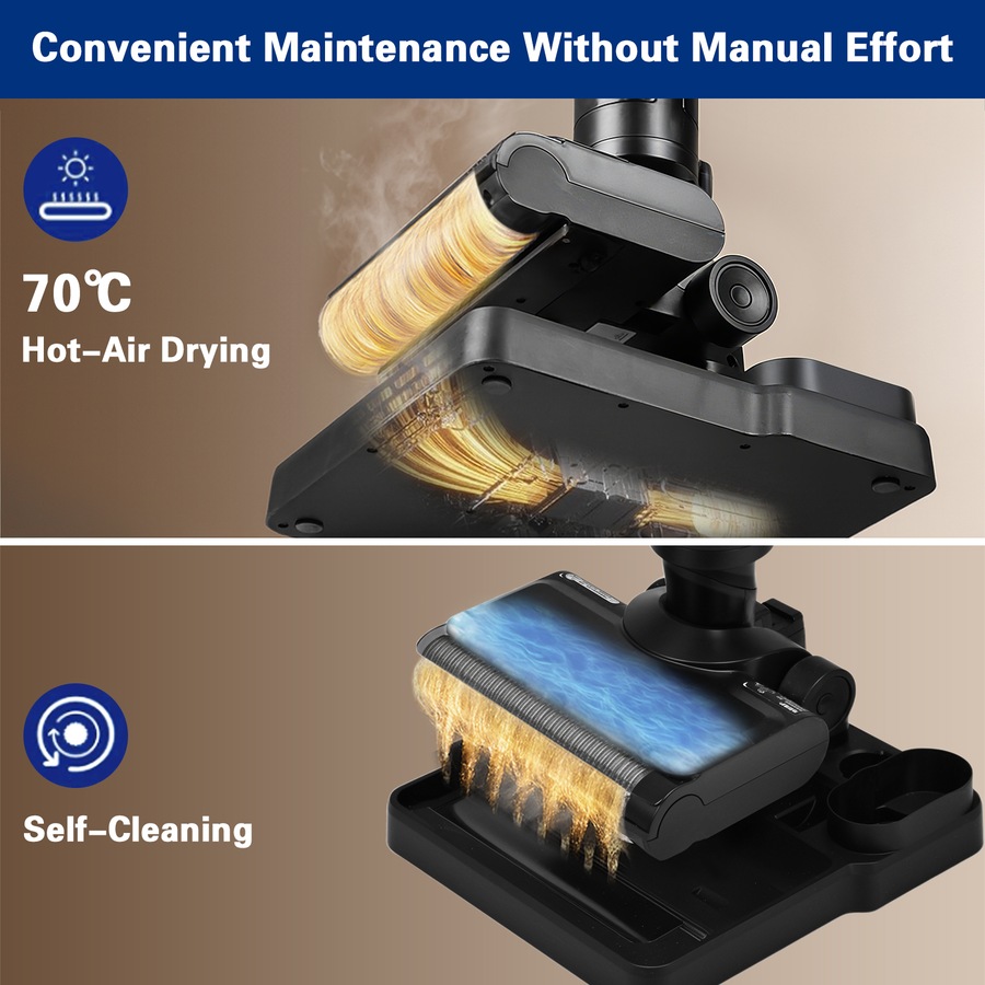 ADVWIN Wet Dry Vacuum Cleaner, 180 Degree Lie-Flat Cordless Smart Vacuum Mop with Hot-Air Drying, Self-Cleaning for Hard Floor Sticky Messes and Pet Hair, Lightweight Handheld Vacuum with 2 Batteries