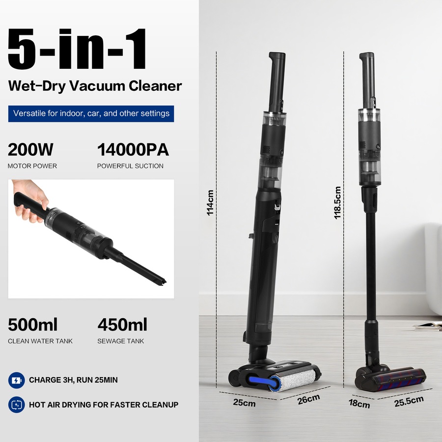 ADVWIN Wet Dry Vacuum Cleaner, 180 Degree Lie-Flat Cordless Smart Vacuum Mop with Hot-Air Drying, Self-Cleaning for Hard Floor Sticky Messes and Pet Hair, Lightweight Handheld Vacuum with 2 Batteries