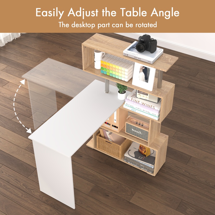 Advwin Corner Desk with Bookshelf Rotatable Office Computer Desk with Storage Shelf Study Table Workstation