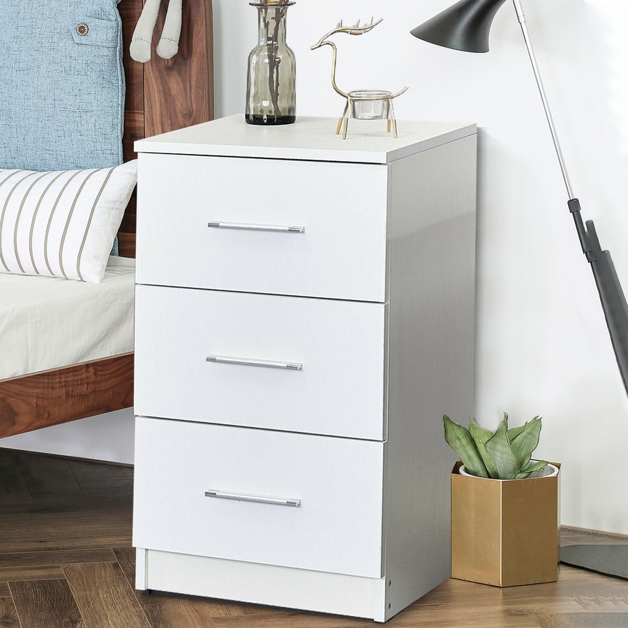 Advwin Bedside Table 3 Drawer Nightstand Bed Side Table White