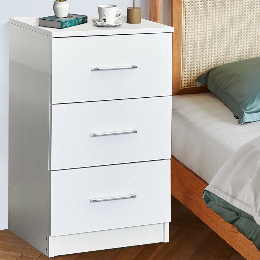 Advwin Bedside Table 3 Drawer Nightstand Bed Side Table White