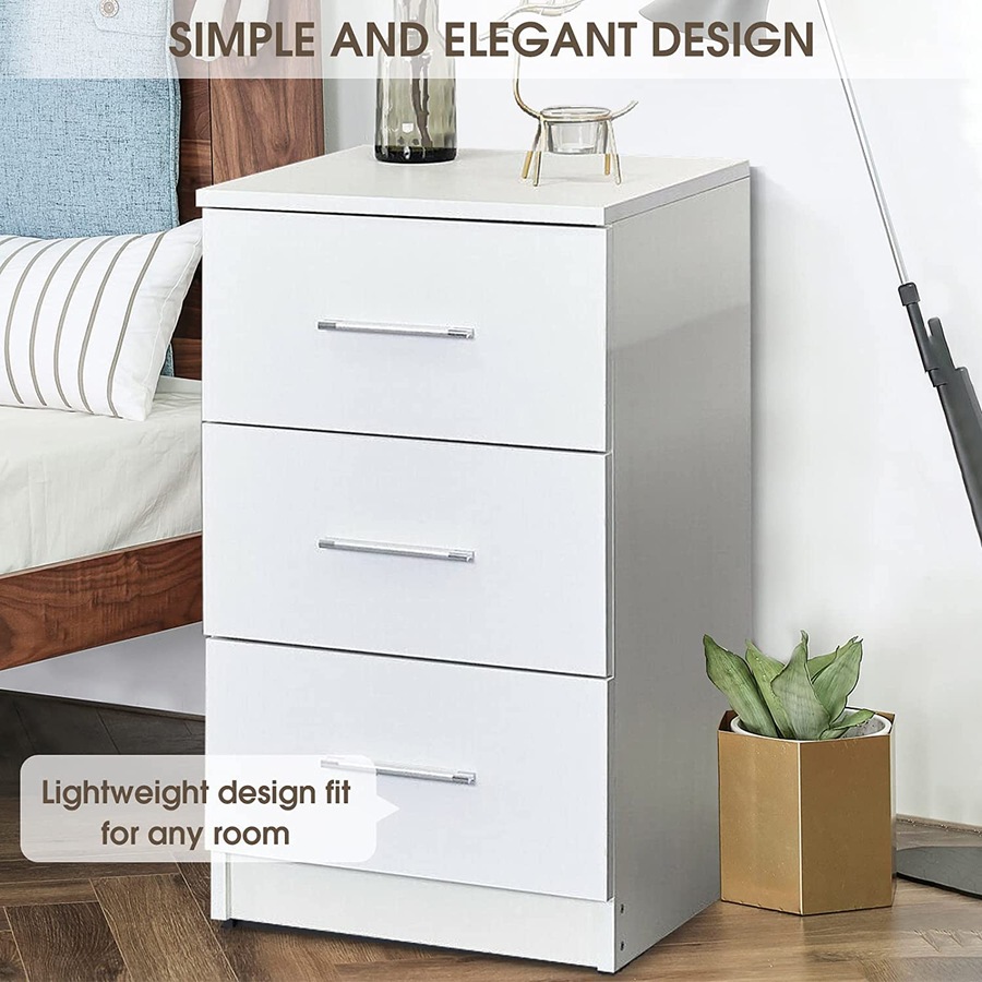 Advwin Bedside Table 3 Drawer Nightstand Bed Side Table White