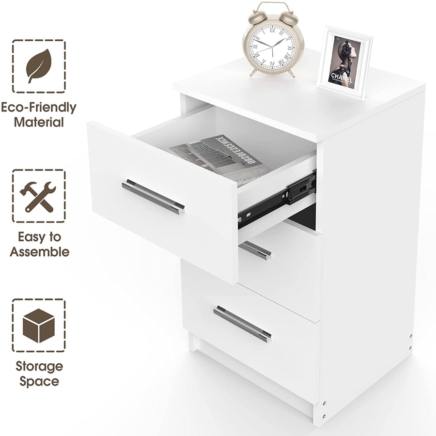 Advwin Bedside Table 3 Drawer Nightstand Bed Side Table White
