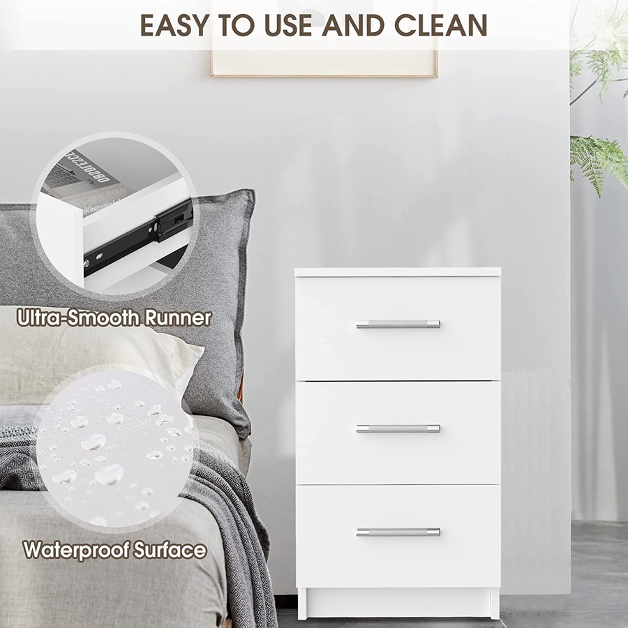 Advwin Bedside Table 3 Drawer Nightstand Bed Side Table White