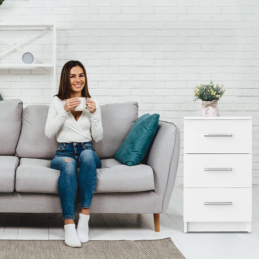 Advwin Bedside Table 3 Drawer Nightstand Bed Side Table White