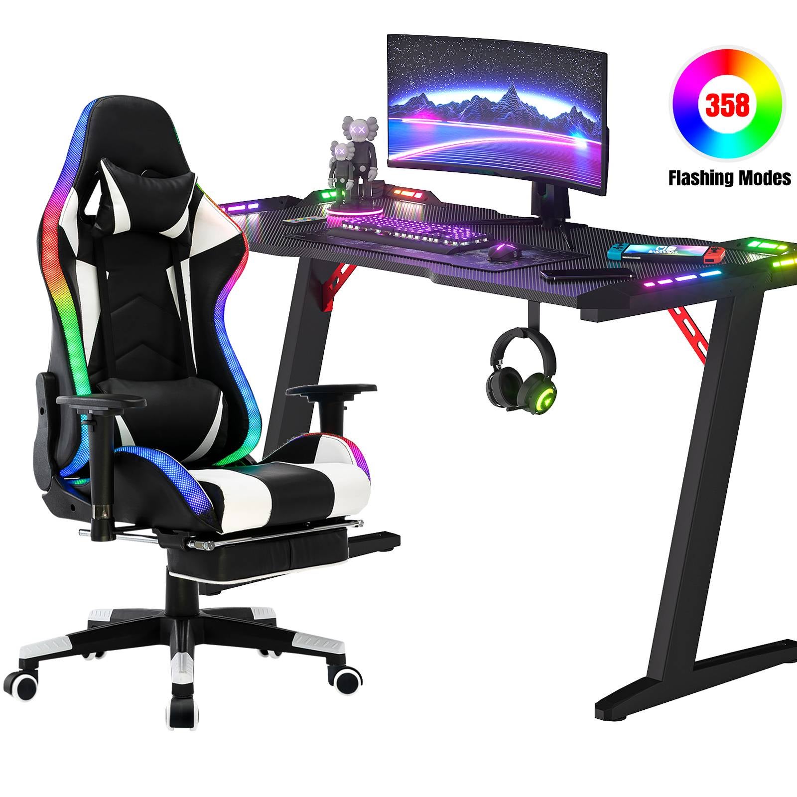 Gaming Chair Desk Setup Office Table Racing Seat(Black Desk,Red/White&Black Chair)